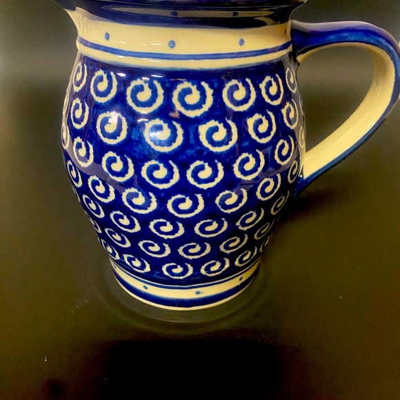 Polish Pottery Cobalt Blue & White Swirls Pitcher - Picture 2 of 10